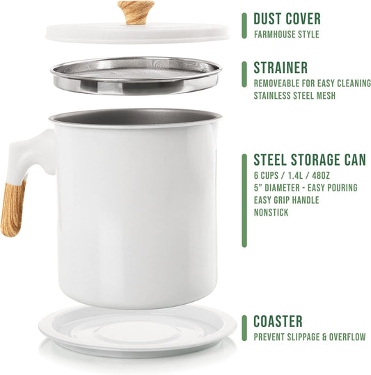 Bacon Grease Container (48oz / 1.4L) Iron Cooking Oil Storage Can with Strainer - Non-Stick, 5 Inch Diameter for Easy Pouring - Oil Strainer Pot