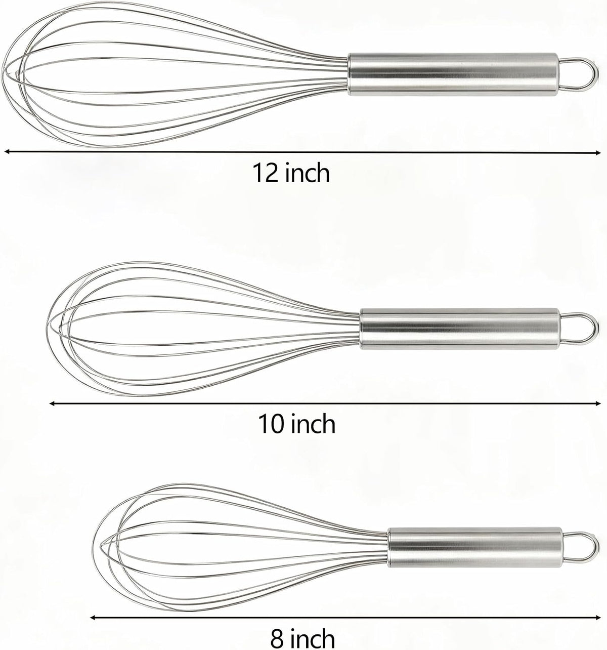 Stainless Steel Whisk Set, 3 Sizes (8", 10", 12") Kitchen Whisks for Cooking, Balloon Wire Whisk for Mixing, Whisking, Beating, Blending, Egg Beater, Baking, Whipping Cream, Frothing Milk