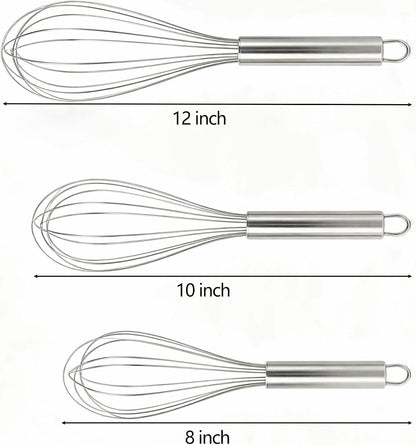 Stainless Steel Whisk Set, 3 Sizes (8", 10", 12") Kitchen Whisks for Cooking, Balloon Wire Whisk for Mixing, Whisking, Beating, Blending, Egg Beater, Baking, Whipping Cream, Frothing Milk