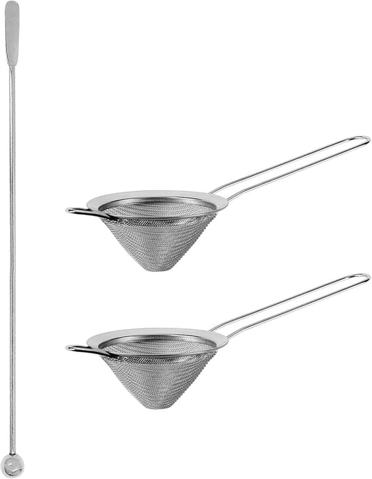 Fine Mesh Cocktail Strainer Set, 2 Pack with Muddler | Bar shaker filtering, tea coffee juice use, fits 3.35 in openings, catches ice shards, herbs, pulp, grounds