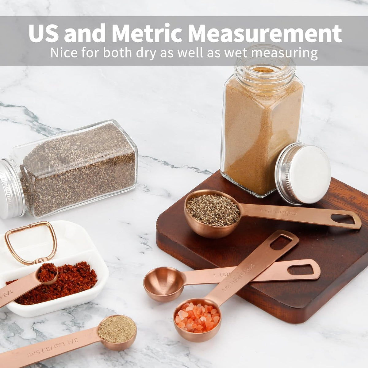 Measuring Spoons,304 Stainless Steel Measuring Cups & Spoon Set of 7 Piece:1Tbsp&1/2Tbsp,1tsp,3/4tsp,1/2tsp,1/4tsp,1/8tsp Teaspoon Coffee Scoop Tablespoon for Dry and Liquid Ingredients,Gold