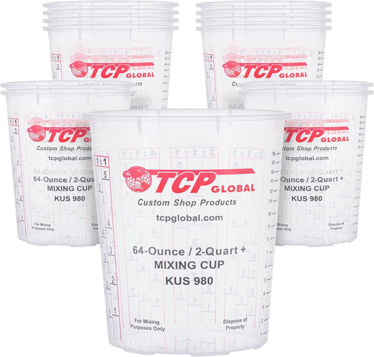 Paint Mixing Cups, 64-Ounce (12 Pack) - Plastic Measuring Cups for Liquids, Automotive Painting, Epoxy Resin, Acrylic Arts, Crafts, Disposable or Reusable, Graduated, Mixing Ratios