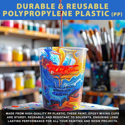 Paint Mixing Cups, 64-Ounce (12 Pack) - Plastic Measuring Cups for Liquids, Automotive Painting, Epoxy Resin, Acrylic Arts, Crafts, Disposable or Reusable, Graduated, Mixing Ratios