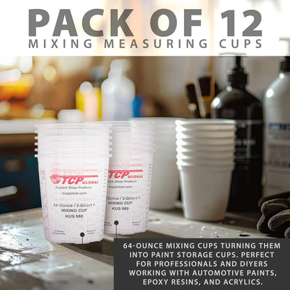Paint Mixing Cups, 64-Ounce (12 Pack) - Plastic Measuring Cups for Liquids, Automotive Painting, Epoxy Resin, Acrylic Arts, Crafts, Disposable or Reusable, Graduated, Mixing Ratios