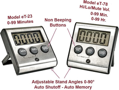 Elegant Digital Kitchen Timer Stainless Steel - Loud Alarm - Model eT-23