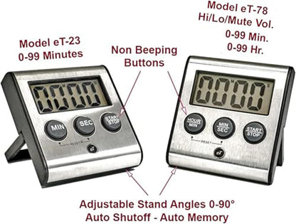 Elegant Digital Kitchen Timer Stainless Steel - Loud Alarm - Model eT-23