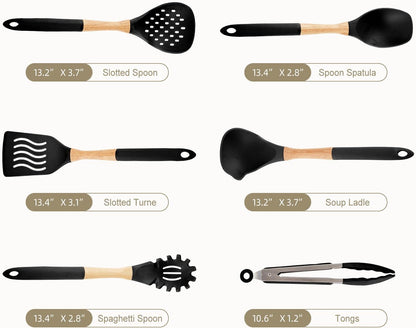 Kitchen Utensils Set - 7 PCS Non-Stick Silicone Cooking Utensils Set Spatula Set with Holder, Wooden Handle Spoon,Tongs,Whisk Kitchen Gadgets Tools Set for Nonstick Cookware (Black-7Max)