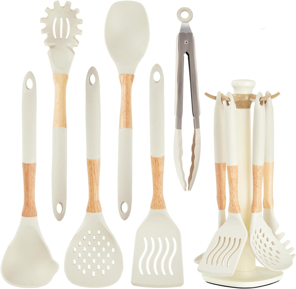 Kitchen Utensils Set - 7 PCS Non-Stick Silicone Cooking Utensils Set Spatula Set with Holder, Wooden Handle Spoon,Tongs,Whisk Kitchen Gadgets Tools Set for Nonstick Cookware (Black-7Max)