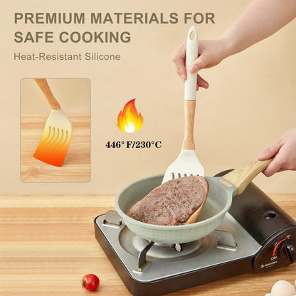 Kitchen Utensils Set - 7 PCS Non-Stick Silicone Cooking Utensils Set Spatula Set with Holder, Wooden Handle Spoon,Tongs,Whisk Kitchen Gadgets Tools Set for Nonstick Cookware (Black-7Max)