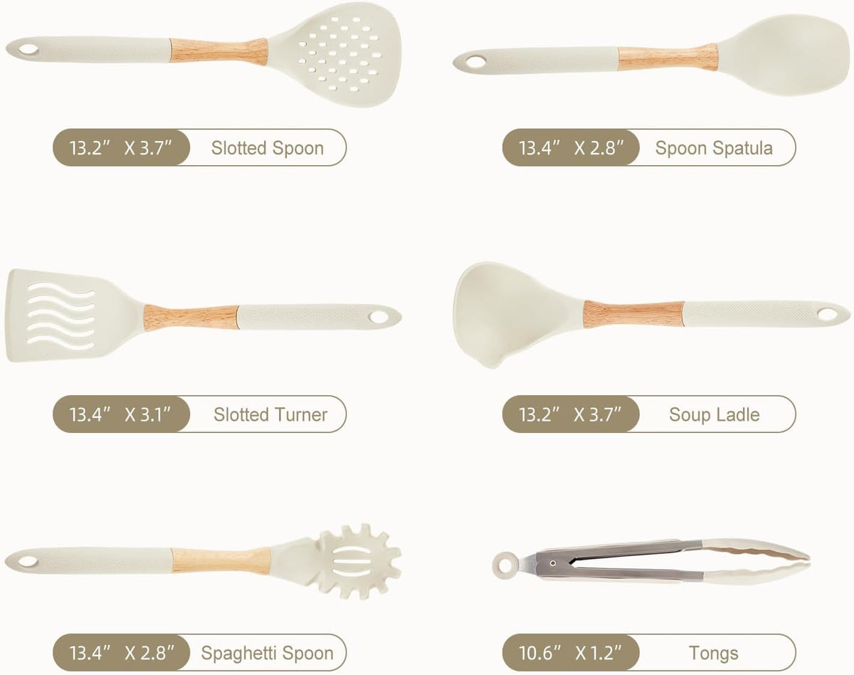 Kitchen Utensils Set - 7 PCS Non-Stick Silicone Cooking Utensils Set Spatula Set with Holder, Wooden Handle Spoon,Tongs,Whisk Kitchen Gadgets Tools Set for Nonstick Cookware (Black-7Max)