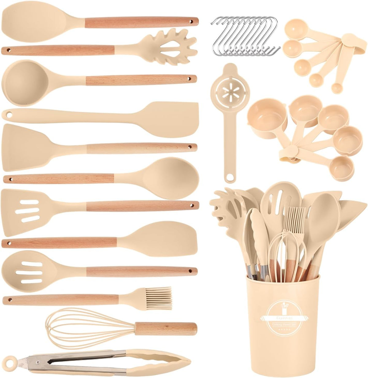 Kitchen Utensils Set - 7 PCS Non-Stick Silicone Cooking Utensils Set Spatula Set with Holder, Wooden Handle Spoon,Tongs,Whisk Kitchen Gadgets Tools Set for Nonstick Cookware (Black-7Max)