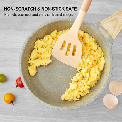 Kitchen Utensils Set - 7 PCS Non-Stick Silicone Cooking Utensils Set Spatula Set with Holder, Wooden Handle Spoon,Tongs,Whisk Kitchen Gadgets Tools Set for Nonstick Cookware (Black-7Max)