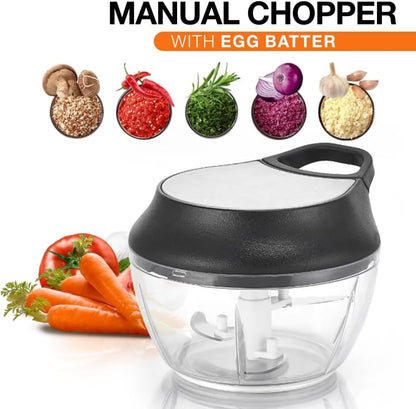 Manual Food Processor Vegetable Chopper, Portable Hand Pull String Garlic Mincer Onion Cutter for Veggies, Ginger, Fruits, Nuts, Herbs, etc., 2 Cup With Egg Batter and Garlic Peeler, W1031-1