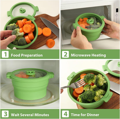 Collapsible Silicone Microwave Cookware Cooker Steamer for Cooking with Lids, 0.8L and 1.4L Glass Food Storage Container Sealed Bowl Mixing Bowls BPA Free