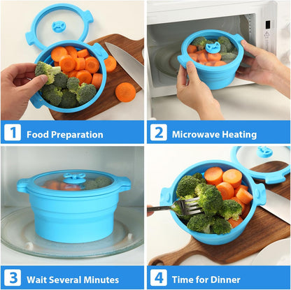 Collapsible Silicone Microwave Cookware Cooker Steamer for Cooking with Lids, 0.8L and 1.4L Glass Food Storage Container Sealed Bowl Mixing Bowls BPA Free