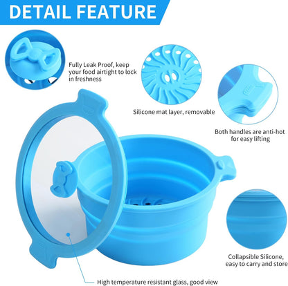 Collapsible Silicone Microwave Cookware Cooker Steamer for Cooking with Lids, 0.8L and 1.4L Glass Food Storage Container Sealed Bowl Mixing Bowls BPA Free