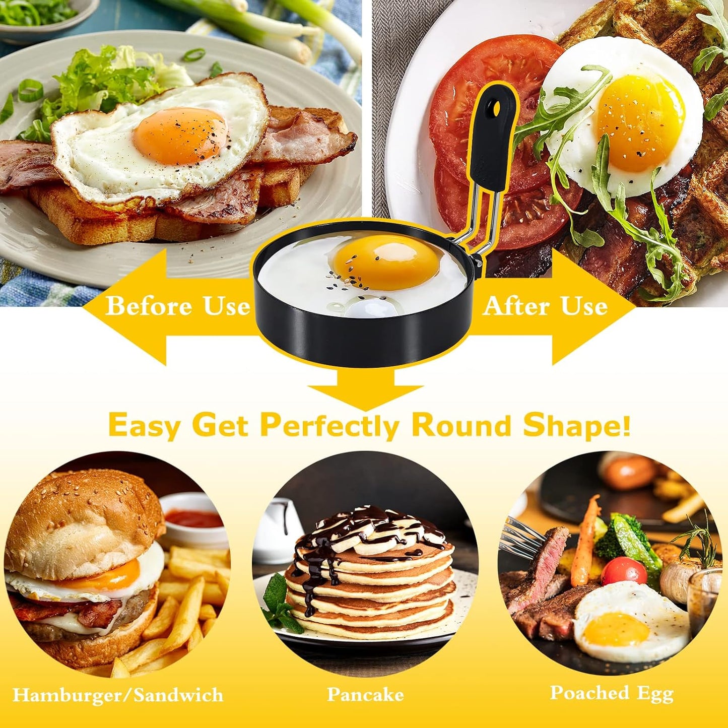 3.5'' Egg Rings with Silicone Handle, Stainless Steel Egg Cooking Rings，Nonstick，For Frying Eggs and English Muffins Pancake, Egg Mold Shaper For Breakfast