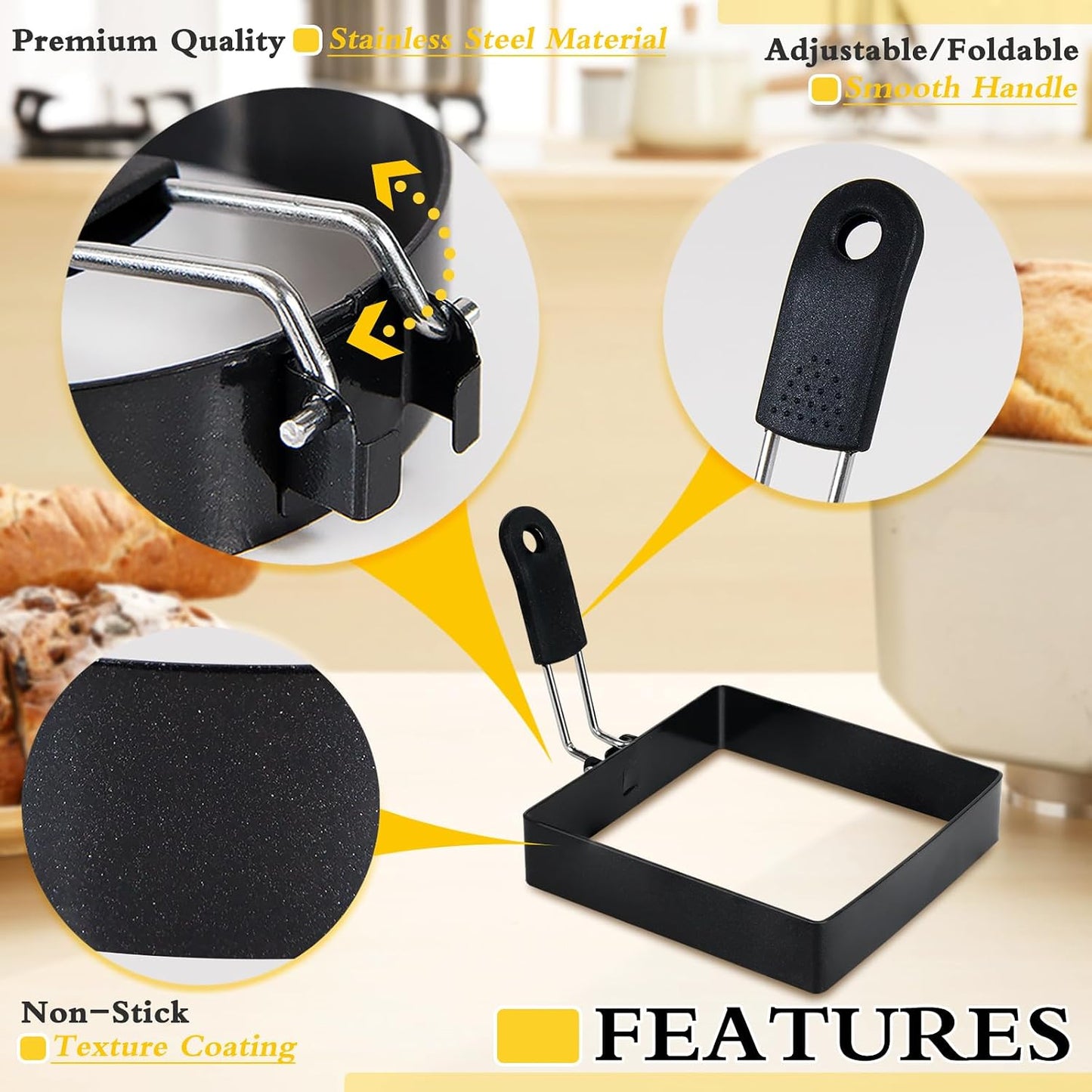 3.5'' Egg Rings with Silicone Handle, Stainless Steel Egg Cooking Rings，Nonstick，For Frying Eggs and English Muffins Pancake, Egg Mold Shaper For Breakfast