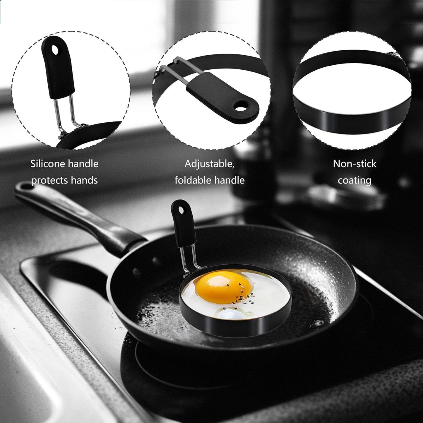 3.5'' Egg Rings with Silicone Handle, Stainless Steel Egg Cooking Rings，Nonstick，For Frying Eggs and English Muffins Pancake, Egg Mold Shaper For Breakfast