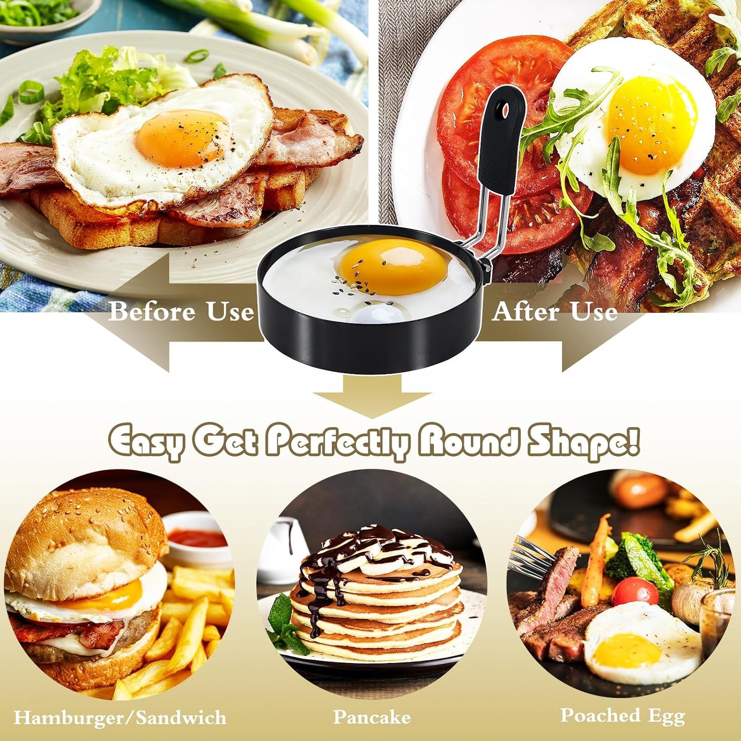 3.5'' Egg Rings with Silicone Handle, Stainless Steel Egg Cooking Rings，Nonstick，For Frying Eggs and English Muffins Pancake, Egg Mold Shaper For Breakfast