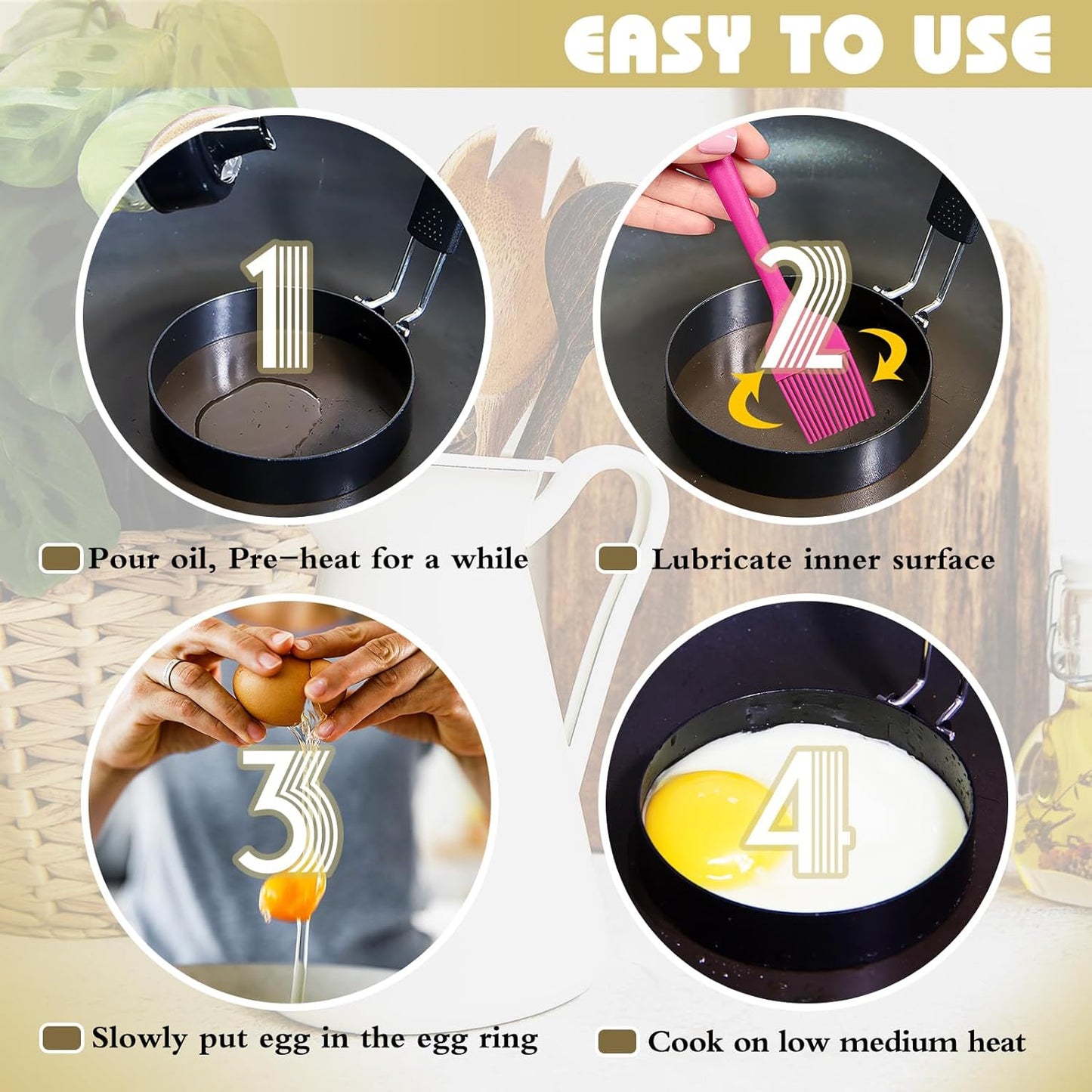 3.5'' Egg Rings with Silicone Handle, Stainless Steel Egg Cooking Rings，Nonstick，For Frying Eggs and English Muffins Pancake, Egg Mold Shaper For Breakfast
