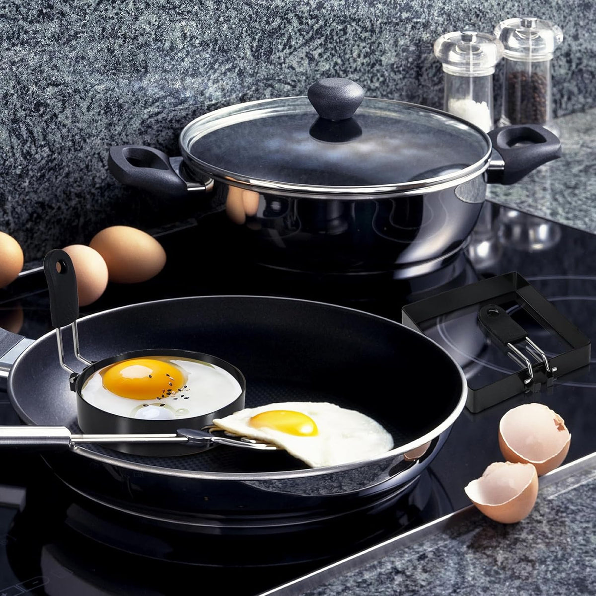3.5'' Egg Rings with Silicone Handle, Stainless Steel Egg Cooking Rings，Nonstick，For Frying Eggs and English Muffins Pancake, Egg Mold Shaper For Breakfast