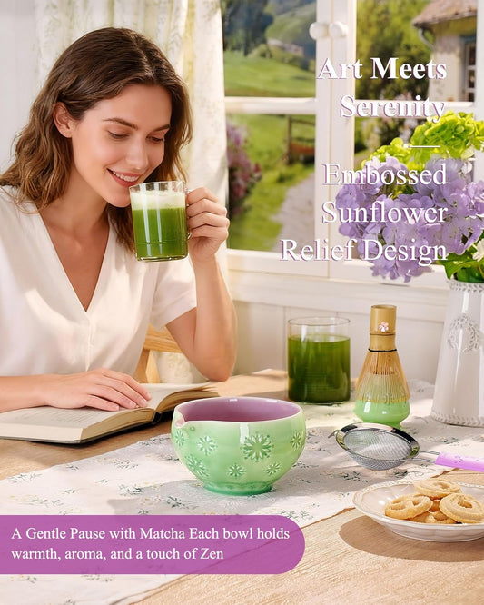 Matcha Whisk Set, 6pcs Matcha Kit Set Includes Matcha Bowl, Innovative Bamboo Whisk & Scoop with Cute Charm, Chasen Holder, 304 Sifter & Tea Mat for Japanese Tea Ceremony, Jade Green