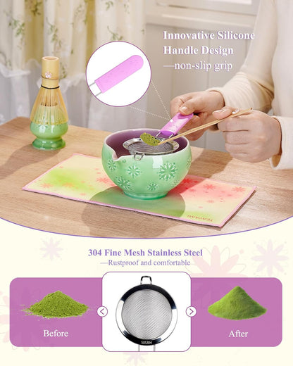 Matcha Whisk Set, 6pcs Matcha Kit Set Includes Matcha Bowl, Innovative Bamboo Whisk & Scoop with Cute Charm, Chasen Holder, 304 Sifter & Tea Mat for Japanese Tea Ceremony, Jade Green