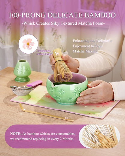 Matcha Whisk Set, 6pcs Matcha Kit Set Includes Matcha Bowl, Innovative Bamboo Whisk & Scoop with Cute Charm, Chasen Holder, 304 Sifter & Tea Mat for Japanese Tea Ceremony, Jade Green