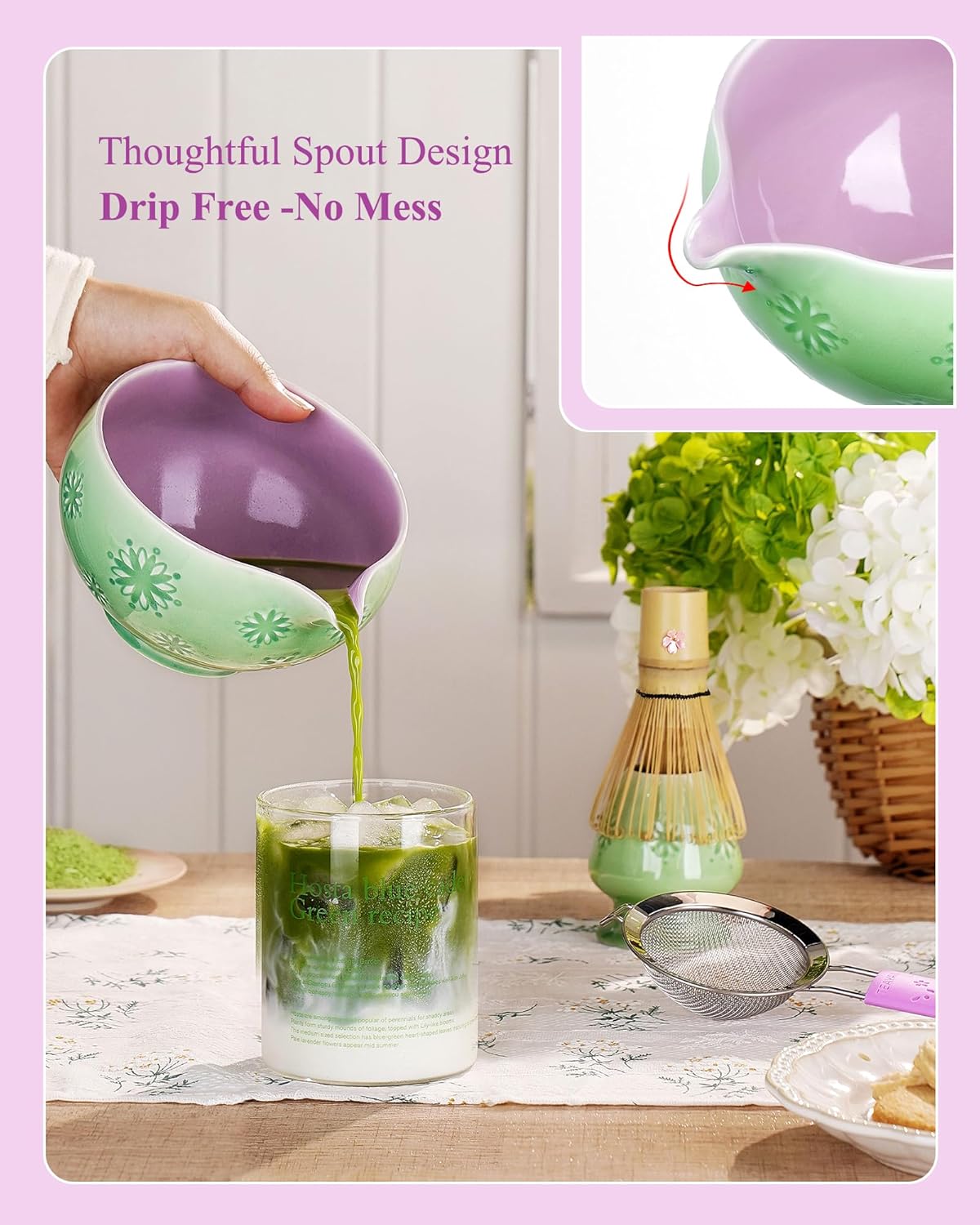 Matcha Whisk Set, 6pcs Matcha Kit Set Includes Matcha Bowl, Innovative Bamboo Whisk & Scoop with Cute Charm, Chasen Holder, 304 Sifter & Tea Mat for Japanese Tea Ceremony, Jade Green