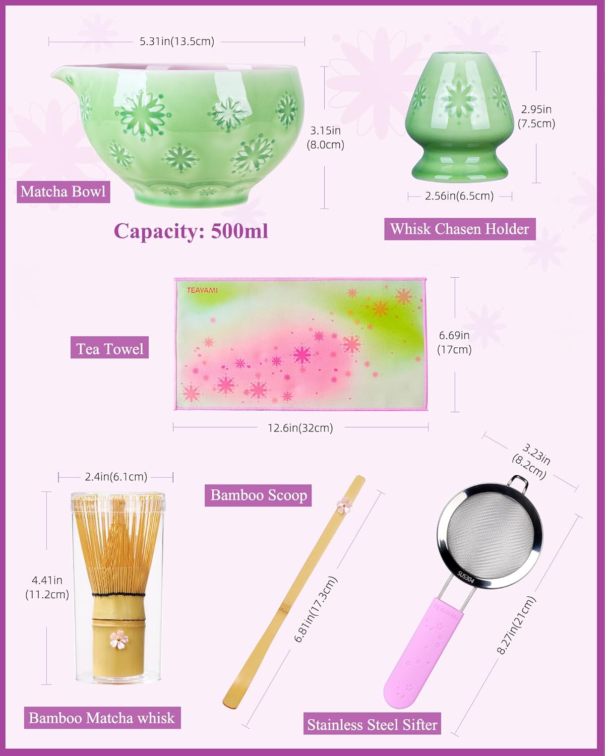 Matcha Whisk Set, 6pcs Matcha Kit Set Includes Matcha Bowl, Innovative Bamboo Whisk & Scoop with Cute Charm, Chasen Holder, 304 Sifter & Tea Mat for Japanese Tea Ceremony, Jade Green