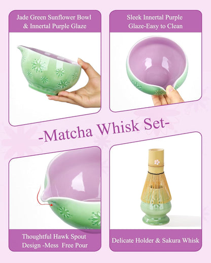 Matcha Whisk Set, 6pcs Matcha Kit Set Includes Matcha Bowl, Innovative Bamboo Whisk & Scoop with Cute Charm, Chasen Holder, 304 Sifter & Tea Mat for Japanese Tea Ceremony, Jade Green