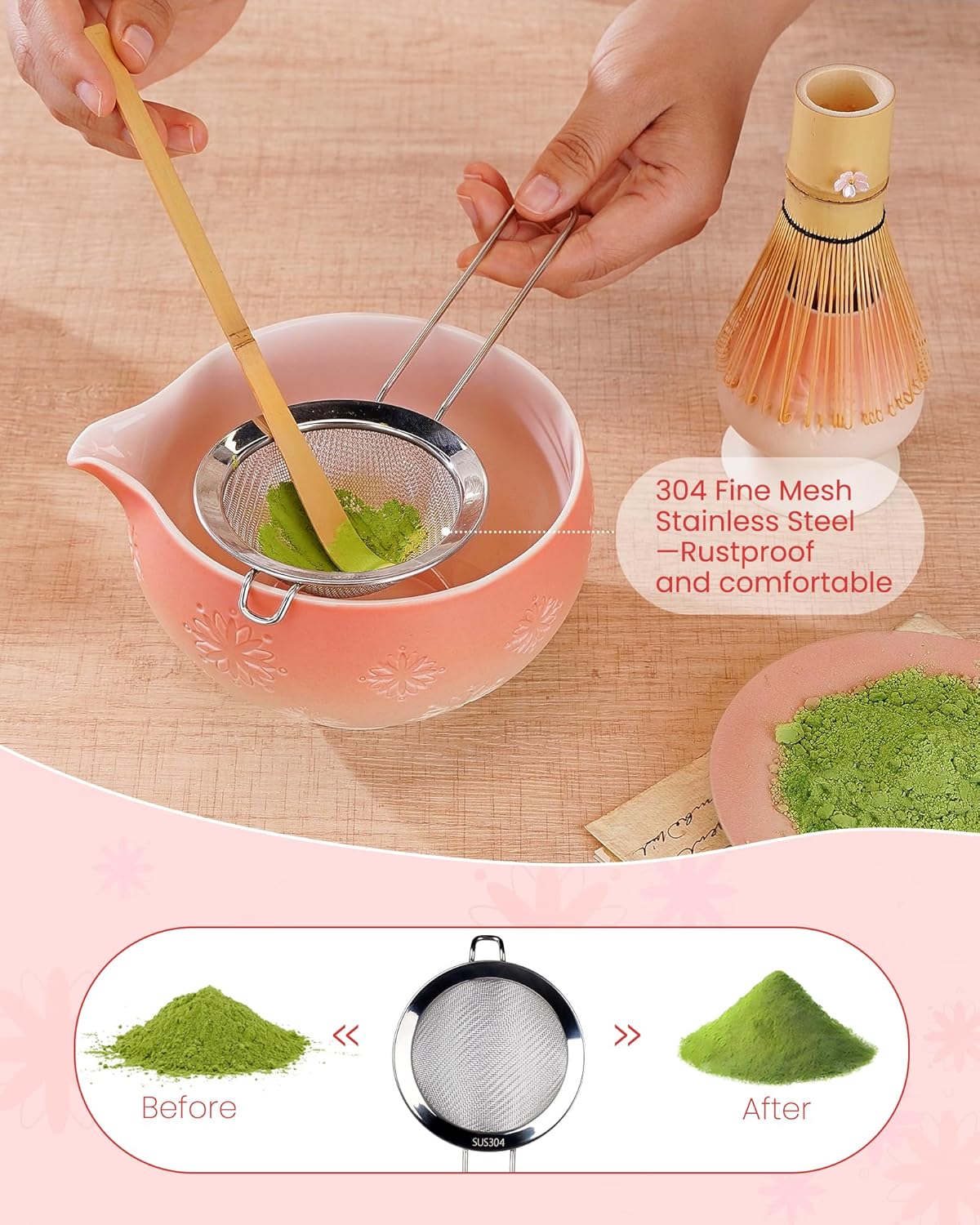 Matcha Whisk Set, 6pcs Matcha Kit Set Includes Matcha Bowl, Innovative Bamboo Whisk & Scoop with Cute Charm, Chasen Holder, 304 Sifter & Tea Mat for Japanese Tea Ceremony, Jade Green