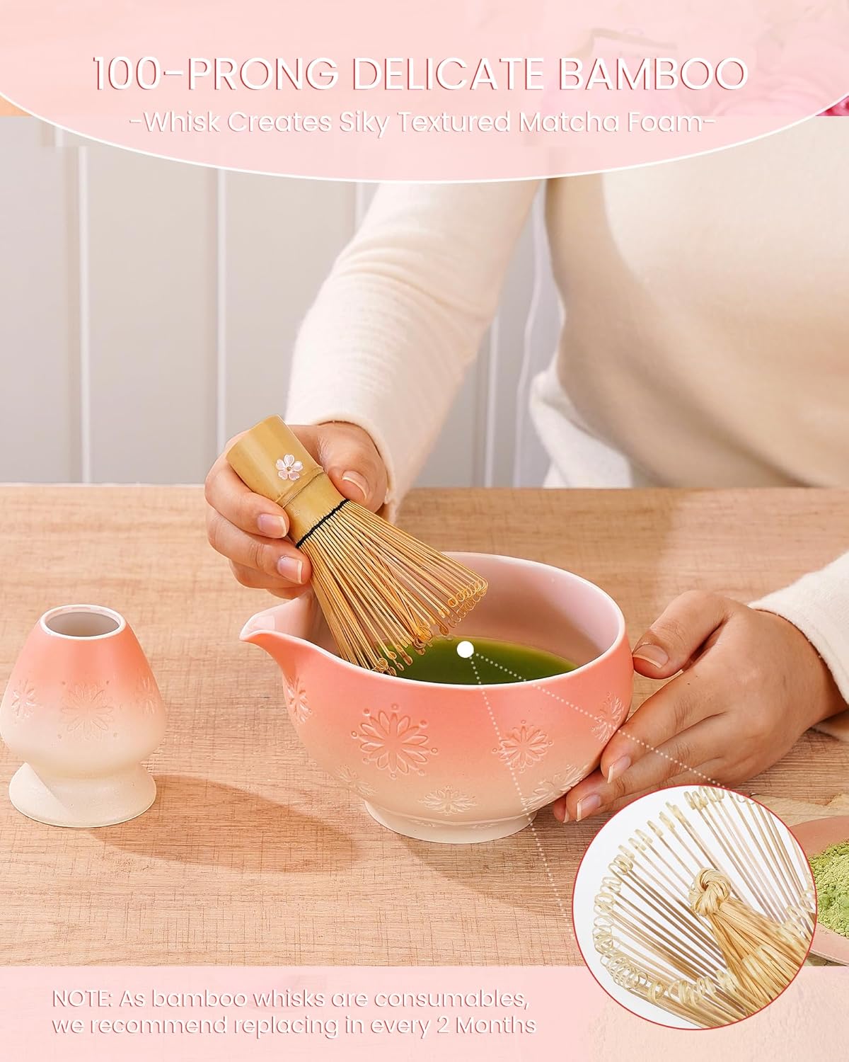 Matcha Whisk Set, 6pcs Matcha Kit Set Includes Matcha Bowl, Innovative Bamboo Whisk & Scoop with Cute Charm, Chasen Holder, 304 Sifter & Tea Mat for Japanese Tea Ceremony, Jade Green