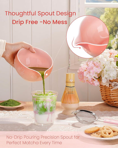 Matcha Whisk Set, 6pcs Matcha Kit Set Includes Matcha Bowl, Innovative Bamboo Whisk & Scoop with Cute Charm, Chasen Holder, 304 Sifter & Tea Mat for Japanese Tea Ceremony, Jade Green