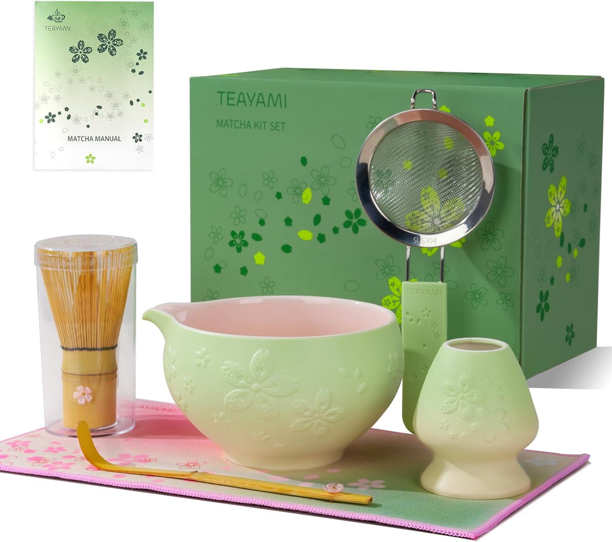 Matcha Whisk Set, 6pcs Matcha Kit Set Includes Matcha Bowl, Innovative Bamboo Whisk & Scoop with Cute Charm, Chasen Holder, 304 Sifter & Tea Mat for Japanese Tea Ceremony, Jade Green