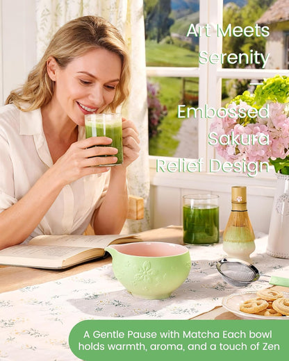 Matcha Whisk Set, 6pcs Matcha Kit Set Includes Matcha Bowl, Innovative Bamboo Whisk & Scoop with Cute Charm, Chasen Holder, 304 Sifter & Tea Mat for Japanese Tea Ceremony, Jade Green