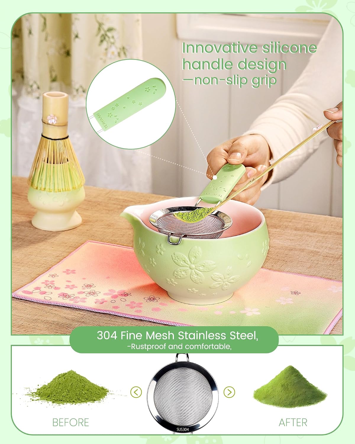 Matcha Whisk Set, 6pcs Matcha Kit Set Includes Matcha Bowl, Innovative Bamboo Whisk & Scoop with Cute Charm, Chasen Holder, 304 Sifter & Tea Mat for Japanese Tea Ceremony, Jade Green
