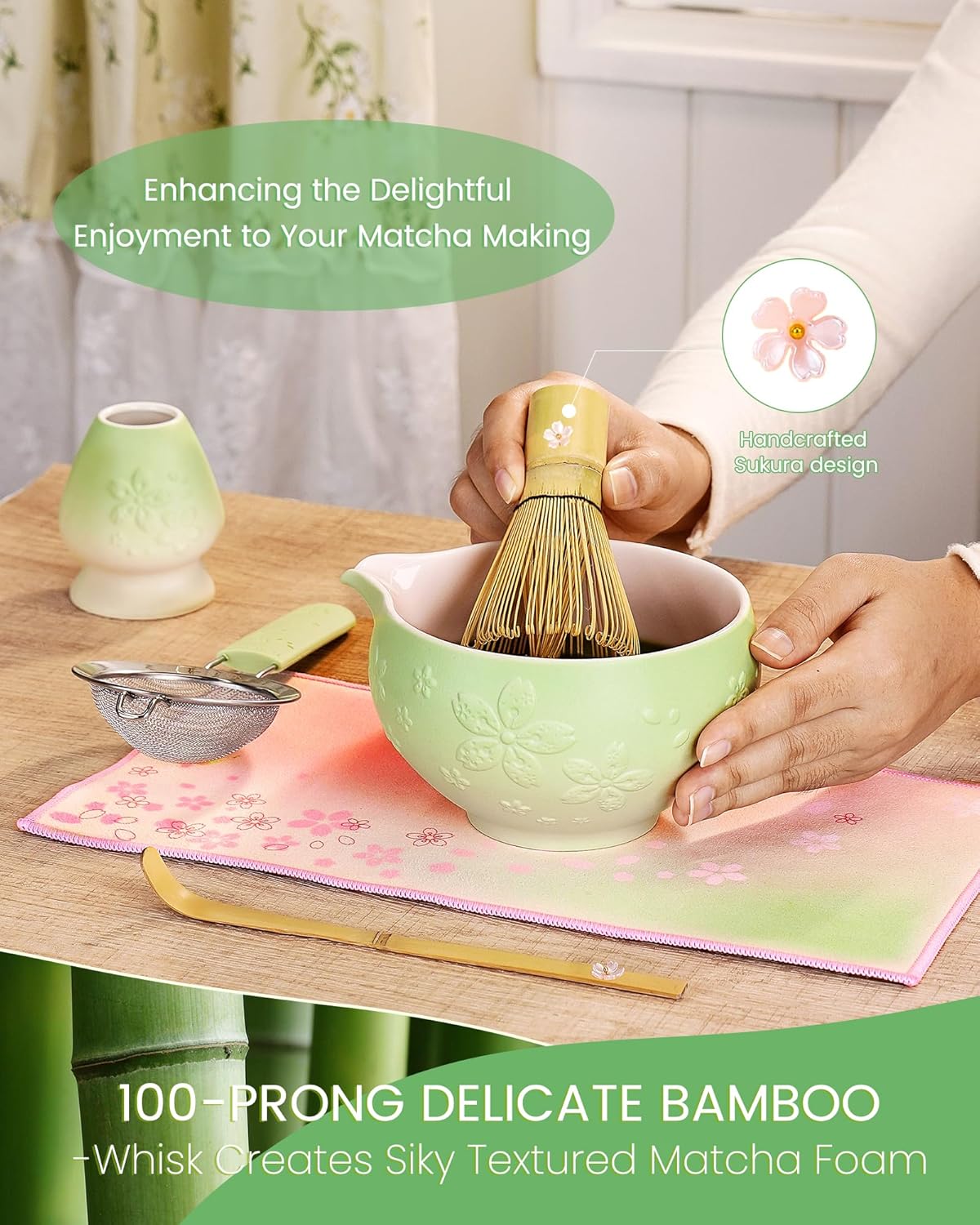 Matcha Whisk Set, 6pcs Matcha Kit Set Includes Matcha Bowl, Innovative Bamboo Whisk & Scoop with Cute Charm, Chasen Holder, 304 Sifter & Tea Mat for Japanese Tea Ceremony, Jade Green