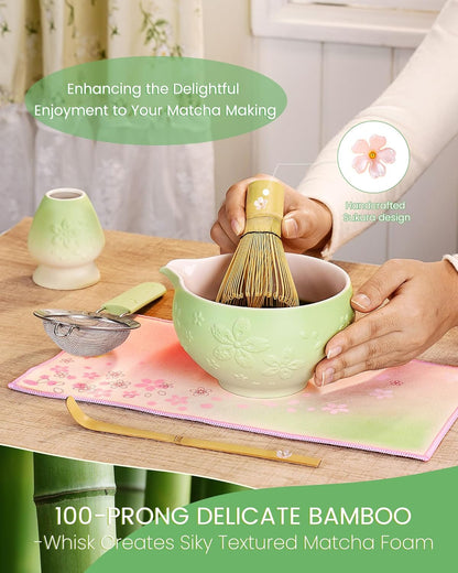 Matcha Whisk Set, 6pcs Matcha Kit Set Includes Matcha Bowl, Innovative Bamboo Whisk & Scoop with Cute Charm, Chasen Holder, 304 Sifter & Tea Mat for Japanese Tea Ceremony, Jade Green