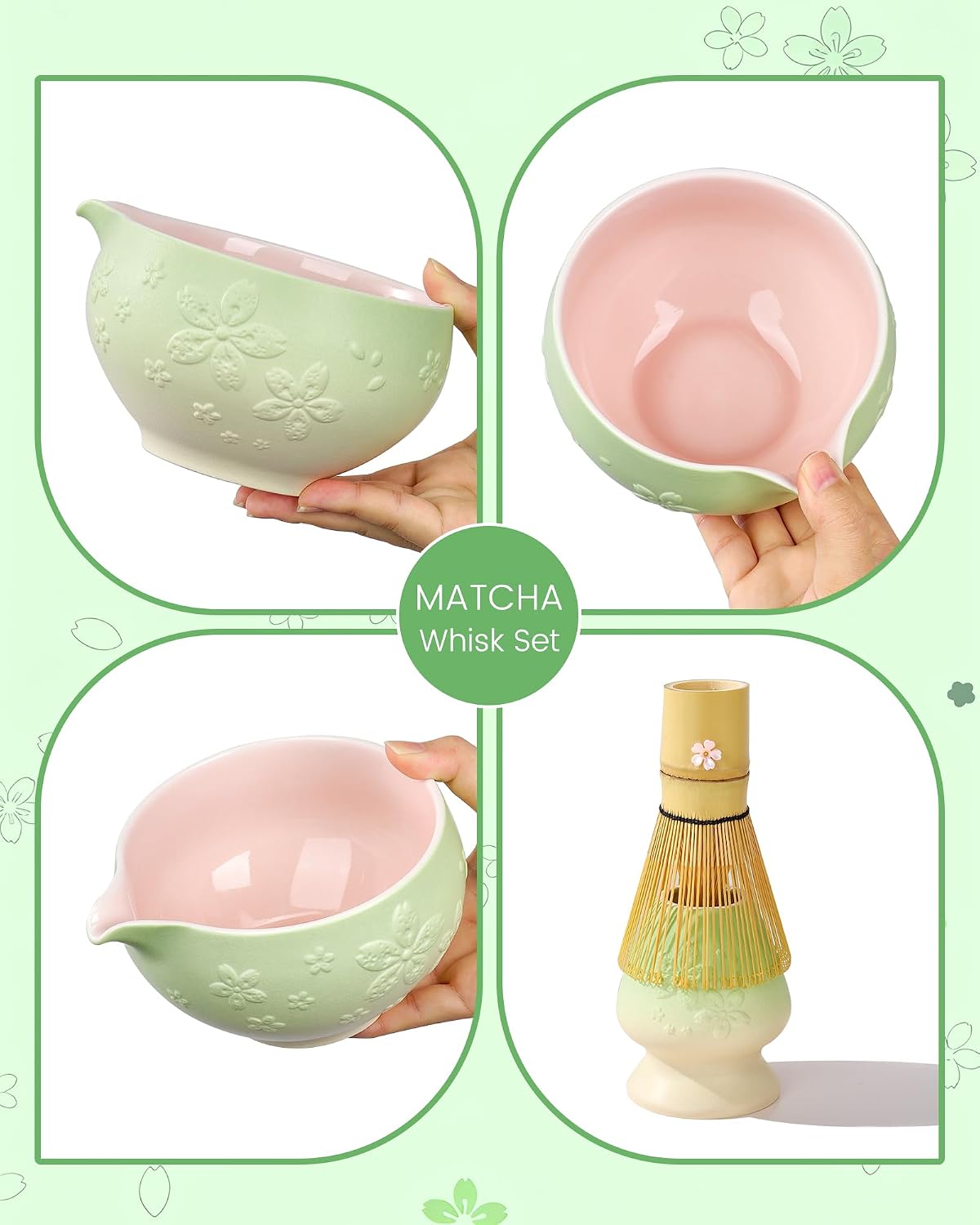 Matcha Whisk Set, 6pcs Matcha Kit Set Includes Matcha Bowl, Innovative Bamboo Whisk & Scoop with Cute Charm, Chasen Holder, 304 Sifter & Tea Mat for Japanese Tea Ceremony, Jade Green