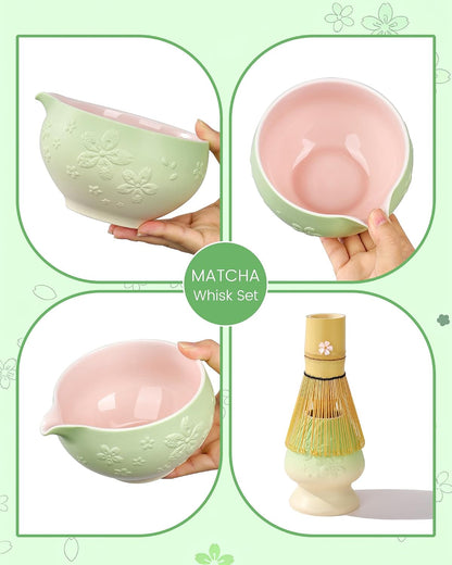 Matcha Whisk Set, 6pcs Matcha Kit Set Includes Matcha Bowl, Innovative Bamboo Whisk & Scoop with Cute Charm, Chasen Holder, 304 Sifter & Tea Mat for Japanese Tea Ceremony, Jade Green