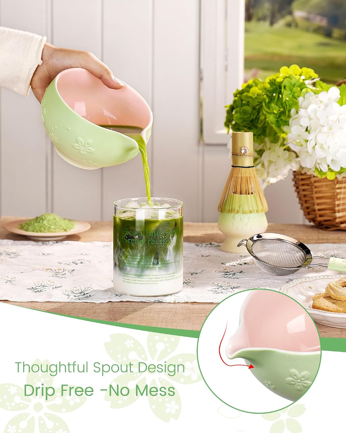 Matcha Whisk Set, 6pcs Matcha Kit Set Includes Matcha Bowl, Innovative Bamboo Whisk & Scoop with Cute Charm, Chasen Holder, 304 Sifter & Tea Mat for Japanese Tea Ceremony, Jade Green