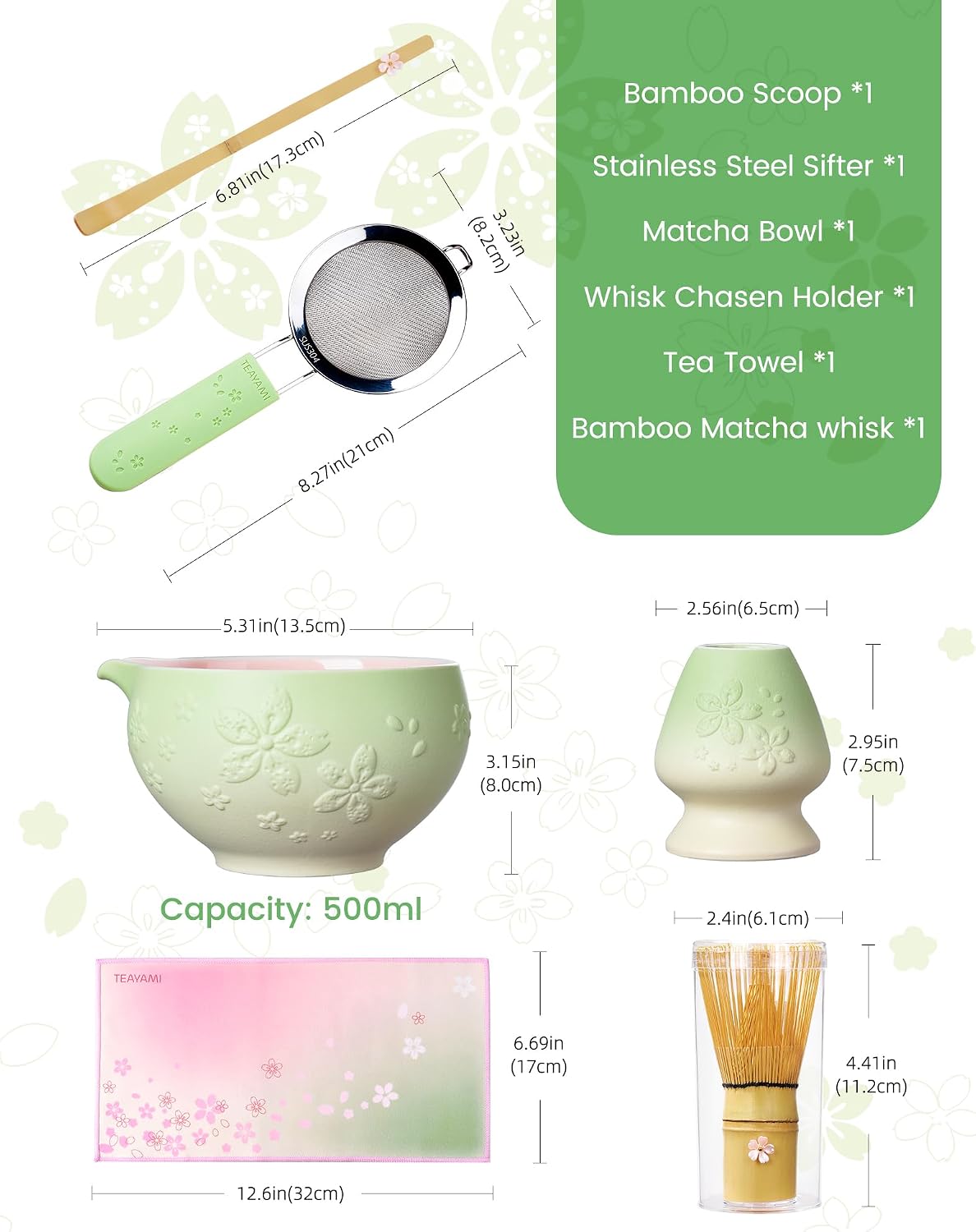 Matcha Whisk Set, 6pcs Matcha Kit Set Includes Matcha Bowl, Innovative Bamboo Whisk & Scoop with Cute Charm, Chasen Holder, 304 Sifter & Tea Mat for Japanese Tea Ceremony, Jade Green