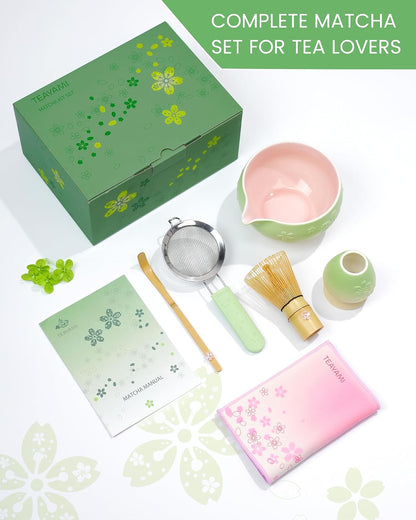 Matcha Whisk Set, 6pcs Matcha Kit Set Includes Matcha Bowl, Innovative Bamboo Whisk & Scoop with Cute Charm, Chasen Holder, 304 Sifter & Tea Mat for Japanese Tea Ceremony, Jade Green