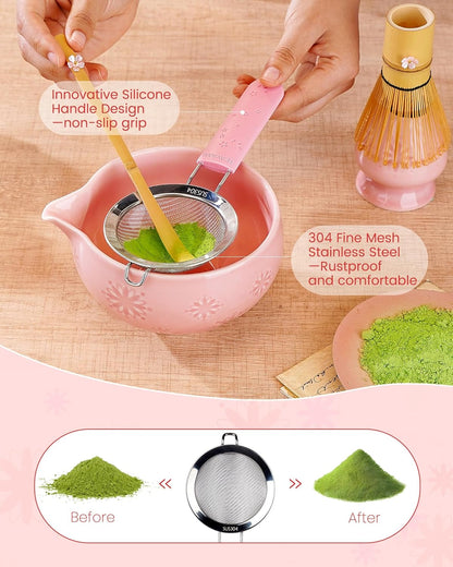 Matcha Whisk Set, 6pcs Matcha Kit Set Includes Matcha Bowl, Innovative Bamboo Whisk & Scoop with Cute Charm, Chasen Holder, 304 Sifter & Tea Mat for Japanese Tea Ceremony, Jade Green
