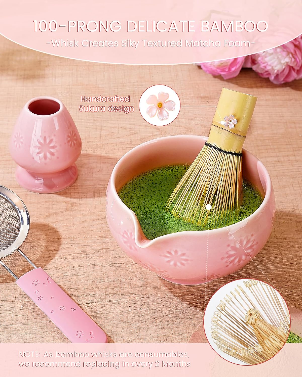Matcha Whisk Set, 6pcs Matcha Kit Set Includes Matcha Bowl, Innovative Bamboo Whisk & Scoop with Cute Charm, Chasen Holder, 304 Sifter & Tea Mat for Japanese Tea Ceremony, Jade Green
