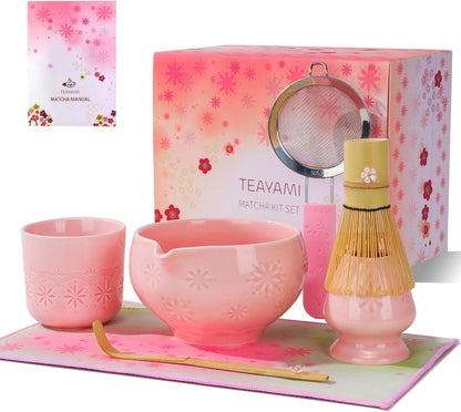 Matcha Whisk Set, 6pcs Matcha Kit Set Includes Matcha Bowl, Innovative Bamboo Whisk & Scoop with Cute Charm, Chasen Holder, 304 Sifter & Tea Mat for Japanese Tea Ceremony, Jade Green