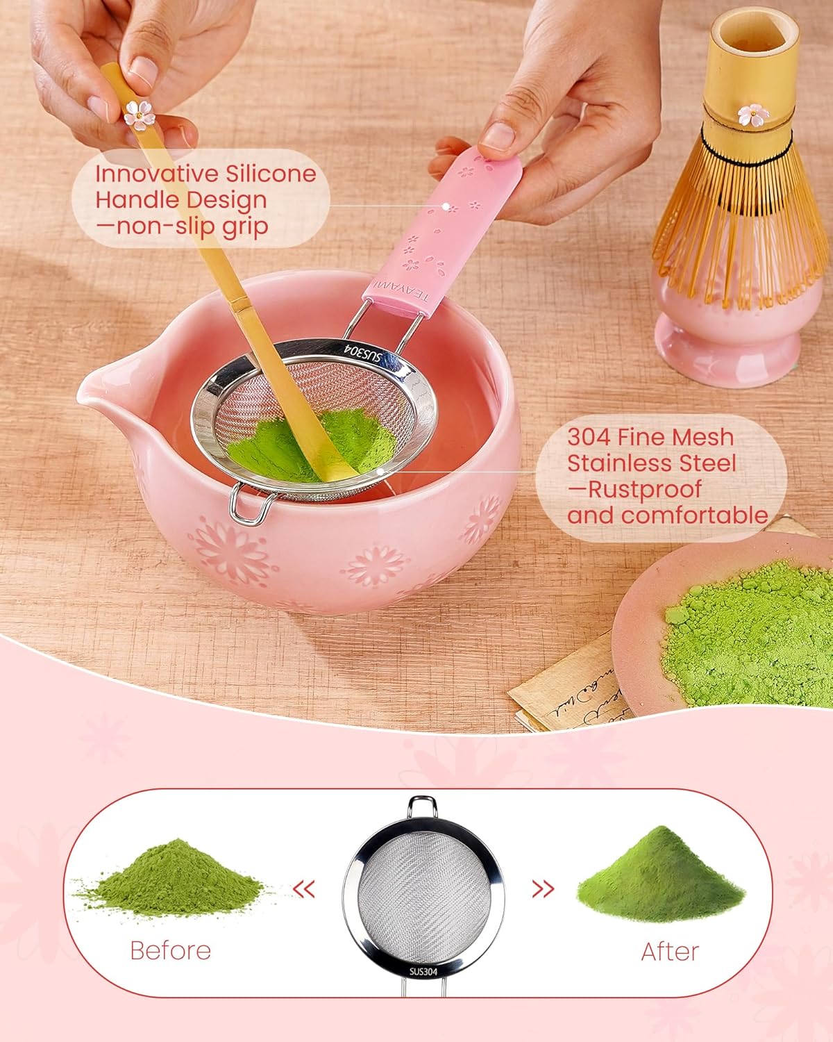 Matcha Whisk Set, 6pcs Matcha Kit Set Includes Matcha Bowl, Innovative Bamboo Whisk & Scoop with Cute Charm, Chasen Holder, 304 Sifter & Tea Mat for Japanese Tea Ceremony, Jade Green