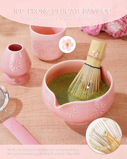 Matcha Whisk Set, 6pcs Matcha Kit Set Includes Matcha Bowl, Innovative Bamboo Whisk & Scoop with Cute Charm, Chasen Holder, 304 Sifter & Tea Mat for Japanese Tea Ceremony, Jade Green